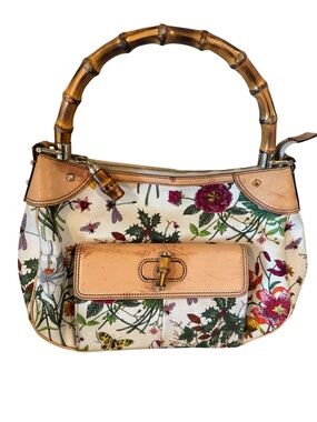 Gucci Floral Canvas Shoulder Bag with Bamboo Handle in Beige and Multicolor
